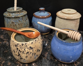 Handmade Ceramic Honey Pot with Dripper, Unique Honey Keeper