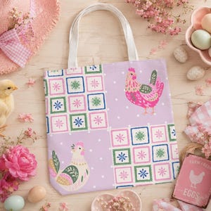 Sac fourre-tout matelassé rose à motif coq | Motif poulet en patchwork floral