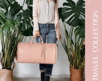 Leather Garment Bag| Pink Duffle Bags | Shoulder Bag | Soft Weekender Bags | Waterproof Bag | Honeymoon Bag