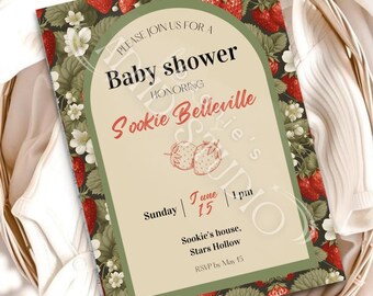 Strawberry Baby Shower Invitation | Editable Canva Digital Download Template