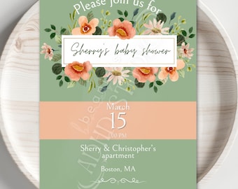Green Floral Spring Baby Shower Invitation | Canva Template Digital Download