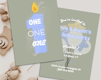 Unisex Green 1st Birthday Invitation | Editable Canva Template Digital Download