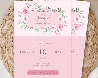 Pink Floral Baby Shower Invitation | Canva Editable Digital Download