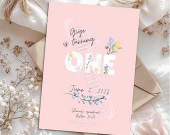 Pink Floral 1st Birthday Invitation | Editable Canva Template Digital Download