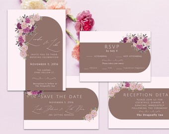 Peony Wedding Invitation | Editable Canva Digital Download Template Bundle