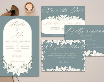 Beach Wedding Invitation | Editable Digital Download Canva Template Bundle