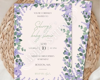 Purple Baby Shower Invitation | Editable Canva Digital Download Template