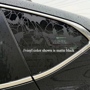 Spiderwebs and Bats Car Window Decal: Full Coverage Vinyl Sticker, Rear Quarter