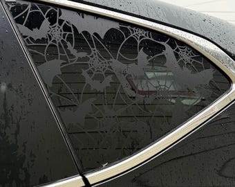 Spiderweb and Bats Car Window Decal Set: Full Coverage Vinyl Sticker, Rear Quarter