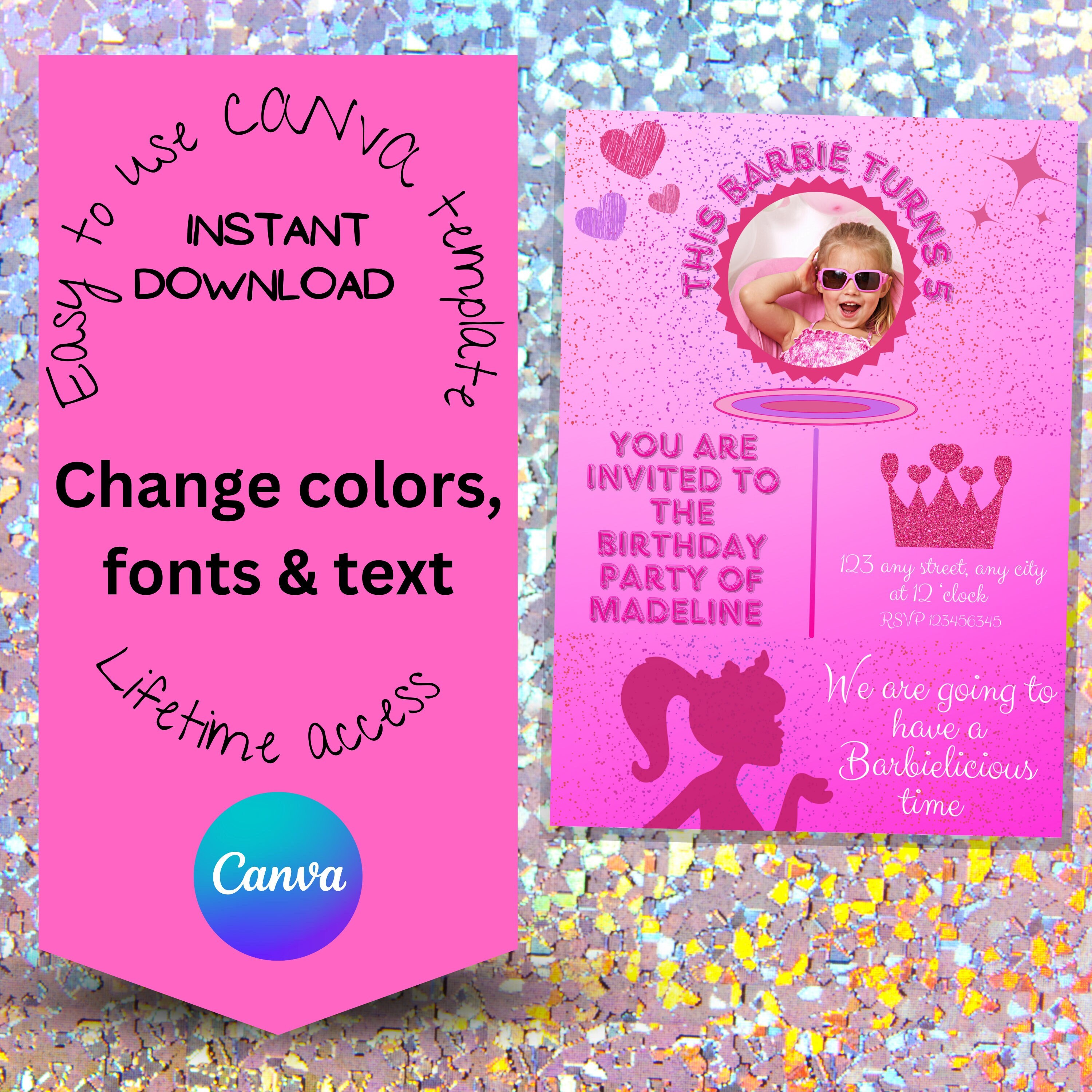 Barbie Theme Invitation Template Canva Instant Download - Etsy