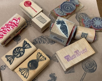 Vintage cartoon candy rubber wood Stamp for Journaling 80s 90s lollipop gum desert candy wood stamp for card making and art project