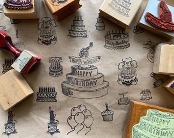 Vintage Happy Birthday Cake Wood Rubber Stamp for Card Making Baloon Stamp for Crafting Cake Cupcake Wood Stamp for Art Project Candle Stamp
