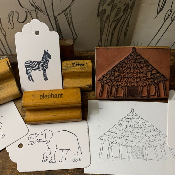 Vintage Animal Wood Rubber Stamps for Crafting Vintage Safari Animal Stamp Elephant wood Stamp Lion Wood Stamp African Hut Stamp Zebra Stamp