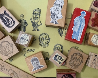 Vintage cartoon people face rubber wood Stamp for Journaling 90's drawing style wood stamp for art Projects man with tool boat