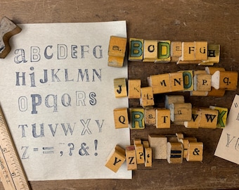 Vintage wood stamp Alphabet set ABC Number Lettering Stamps for Crafting and scrapbooking symbols punctuation old wood block art project #79
