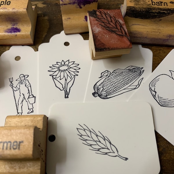 Vintage Flower Stamp Wood Handled Rubber Stamp for Craft Gift and Card Making and Bullet Journal Vintage corn wheat apple farm farmer barn