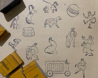 Pieczątka z motywem cyrkowym, drewniana, gumowa do tworzenia kartek i dzienników Bullet Journal, pieczątka z wozu cyrkowego, akrobata, klaun, pieczątka z koniem