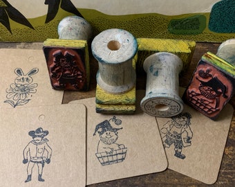 vintage People Stamp Wood Handled Rubber Stamp pour scrapbooking Card Making Bullet Journal Man in Tub Stamp Pirate Stamp vintage Rabbit man