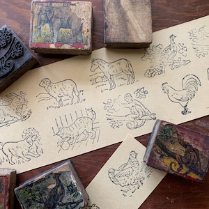 Sello de goma con mango de madera de animales de granja vintage para hacer tarjetas, Bullet Journal, elefante, caballo, mono, conejo, oso, gallo, gato, oveja.