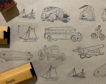 Vintage car Stamp Wood Handled Rubber Stamp Craft Card Making Bullet Journal Old Transportation Steamship Car Airplane Boat Tractor Airship