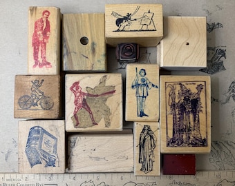 Vintage cartoon people face rubber wood Stamp for Journaling 90's drawing style wood stamp for art Projects man with tool boat