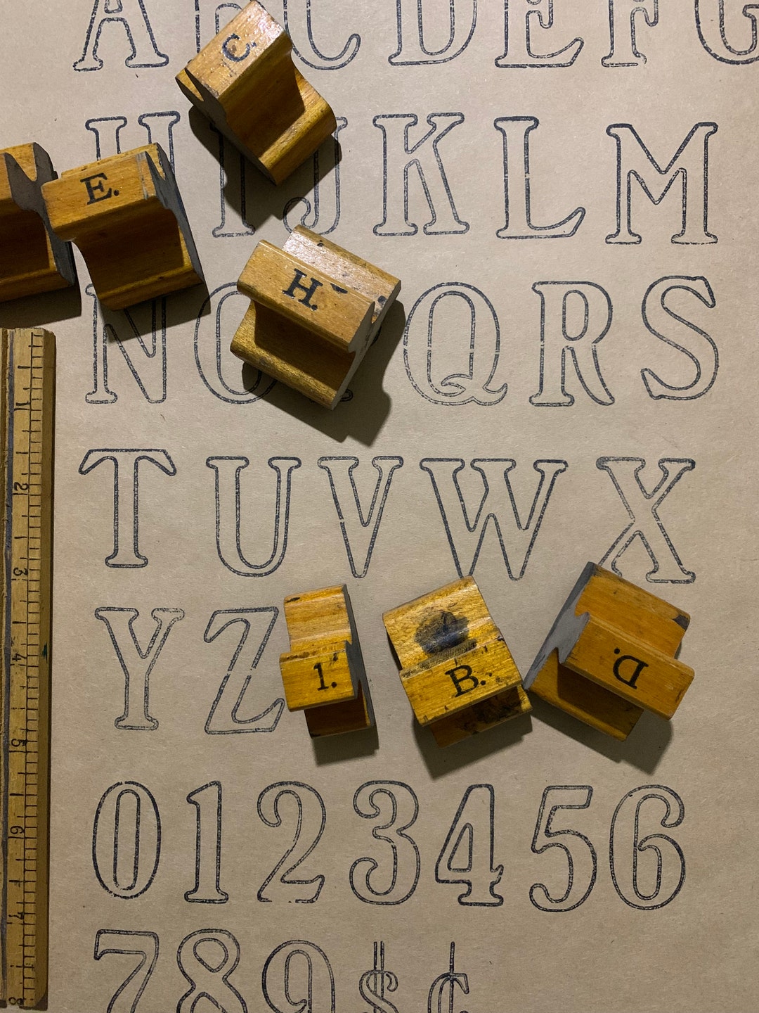 Vintage Wood Stamp Outlined Alphabet ABC Uppercase Stamps for Craft