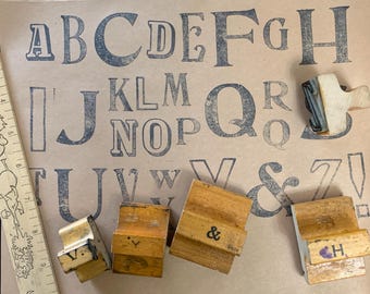 Vintage wood stamp Alphabet set ABC Number Lettering Stamps for Crafting and scrapbooking symbols punctuation old wood block art project #23