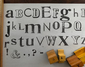 Vintage wood stamp Alphabet set ABC Number Lettering Stamps for Crafting and scrapbooking symbols punctuation old wood block art project