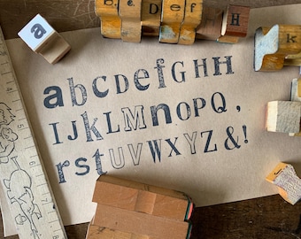 Vintage wood stamp Alphabet set ABC Number Lettering Stamps for Crafting and scrapbooking symbols punctuation old wood block art project #80