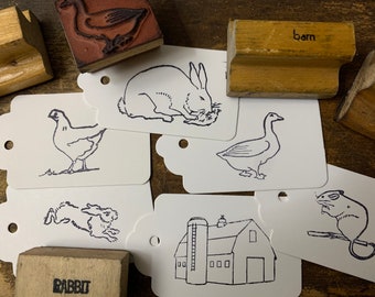 Vintage Farm Animal Stamp Wood Handled Rubber Stamp Craft Gift Card Making Bullet Journal Hen Goose Rabbit Mouse Barn Stamps for crafting