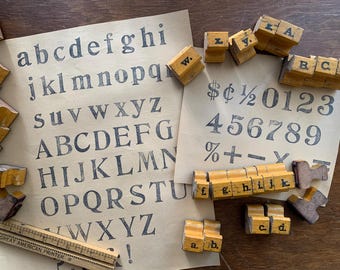 Vintage wood stamp Alphabet set ABC Number Lettering Stamps for Craft scrapbooking Vintage sign symbols wood block for art projects math #07