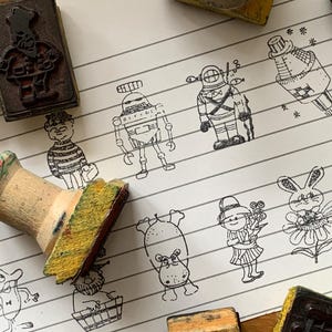 Vintage Character Rubber Stamps Animal Wood Stamp Cartoon Stamps Vintage Robot Girl Boy Vintage Printing Wood Stamp Hippo Rabbit Wood Stamp