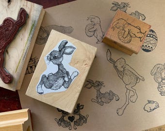 Vintage Wood Rubber Stamp Cartoon Animal Wood Stamp Vintage rabbit wood stamp for crafting Easter Bunny Wood Stamp Happy Holiday Stamp