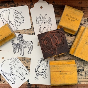 Vintage circusthemastempel houten rubberen stempel voor knutselen, kaarten maken en Bullet Journal Circuswagenstempel Acrobaten Clownstempel Paardenstempel