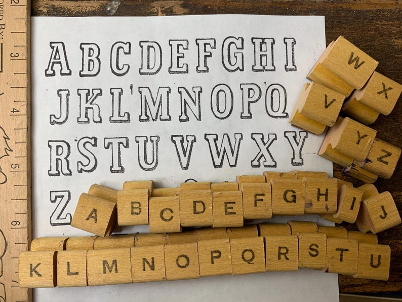 Block Ruler Alphabet Vintage Wood Stamp Alphabet Set ABC Number Lettering Stamps for Craft ...