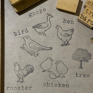 Vintage Farm Animal Stamp Wood Handled Rubber Stamp for Card Making Bullet Journal Goose Egg Duck Rooster Chicks Hen Wood Stamp for Crafting