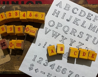 Vintage Alphabet ABC wood stamp Number set Stamps Craft scrapbooking Bullet Journal old wood block art projects Math Dollar Signs Symbols
