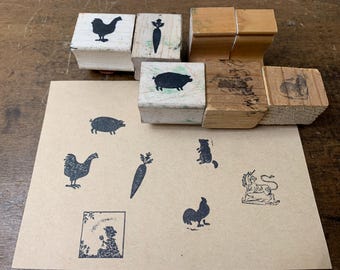 Vintage Farm Animal Stamp Wood Handled Rubber Stamp Craft Gift Card Making Bullet Journal Rooster Chicken Pig Unicorn girl Carrot stamp