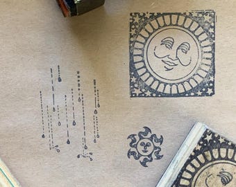 Vintage wood rubber stamp Vintage Sun stamp for card making Moon Stamp for Journaling Rain Weather Wood stamp for Crafting and Art Projects