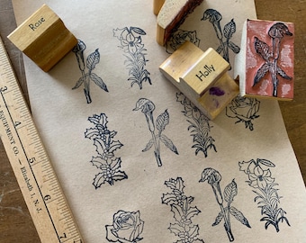 Vintage Flower Stamp Wood Handled Rubber Stamp for Craft Gift stamps for Card Making and Bullet Journal Vintage Lily Tulip Stamp Rose Stamp