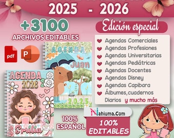 Puede incluir: Imagen promocional de un pack de agendas editables en español para 2025-2026. La imagen presenta tres portadas de agenda con ilustraciones, incluyendo un carpincho y una niña. El texto incluye "Edición especial" y "+3100 archivos editables."