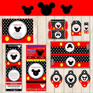 May include: A collection of party supplies featuring a Mickey Mouse theme. The designs include invitations, labels, and decorative elements in red, black, white, and yellow. The text includes the name "Cameron" and the number "3".