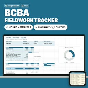 May include: A digital BCBA Fieldwork Tracker spreadsheet for Google Sheets and Excel. The interface displays trainee hours, progress percentages, a donut chart, and monthly checks. It features columns for hours logged, remaining, and projected finish dates.