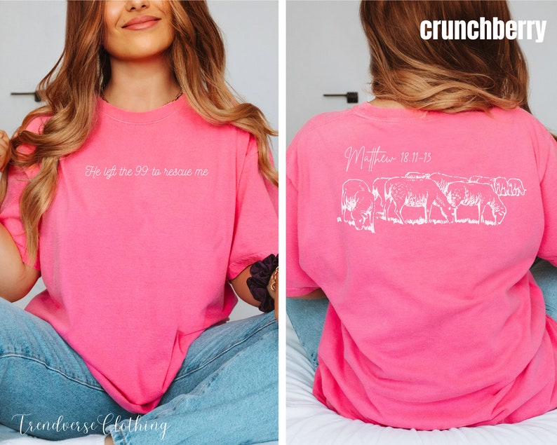 May include: Pink t-shirt with the text "He left the 99 to rescue me" on the front and the text "Matthew 18:11-13" and a line drawing of sheep on the back.