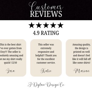 May include: Customer reviews for a product with a 4.9 rating. Three customer testimonials are displayed with positive feedback about the product and seller. The text reads: "This is the best shirt I've ever gotten from Etsy!!! The seller is absolutely amazing and got me my shirt really quick! 12/10 - Jara". "This seller was extremely responsive and helpful!! Thank you for the excellent customer service. - Katie". "Amazing quality, the design is printed on well and doesn't feel like it will fall off like some shirts! - Marian".