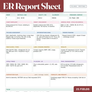 May include: A printable ER Report Sheet document featuring a structured layout with labeled fields for patient information, chief complaint, vitals, interventions, medications, lab results, and disposition plans, organized in color-coded sections.
