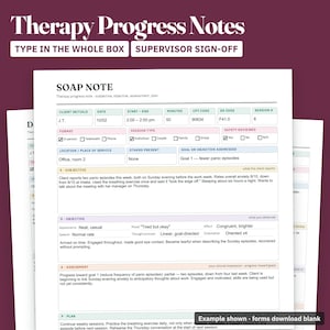 Könnte beinhalten: Ein weißes Therapie-Verlaufsnotiz-Formular mit dem Titel SOAP NOTE. Das Dokument enthält Felder für Klienteninitialen, Datum, Uhrzeit, CPT-Code, DX-Code, Sitzungsnummer, Format, Sitzungstyp, Ort und Ziel. Es bietet Abschnitte für subjektive, objektive, Beurteilung und Plan.