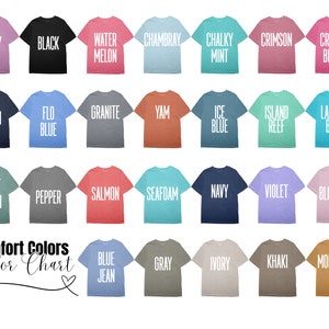 May include: A colour chart displaying 24 different t-shirt colours from Comfort Colors. The colours are arranged in four rows of six colours each. The colours include berry, black, water melon, Chambray, chalky mint, crimson, crunch berry, denim, flo blue, granite, yam, ice blue, island reef, lagoon blue, light green, pepper, salmon, seafoam, navy, violet, blossom, blue jean, grey, ivory, khaki, and monarch.