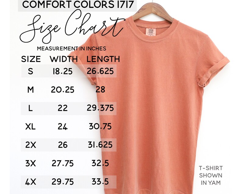 May include: Size chart for a t-shirt in various sizes, showing width and length measurements in inches. The chart shows sizes S through 4X, with corresponding width and length measurements.