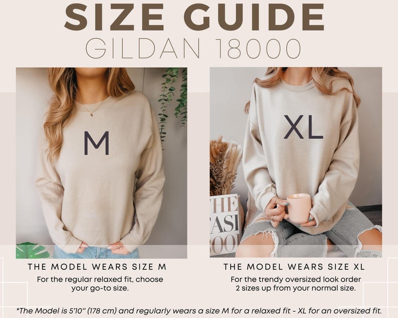 Op de afbeelding: Maattabel voor Gildan 18000 sweatshirts. De afbeelding toont twee modellen die verschillende maten dragen. E&eacute;n model draagt maat M, de andere XL. Tekst geeft aan dat het model 178 cm is en M draagt voor een relaxte pasvorm, XL voor oversized.